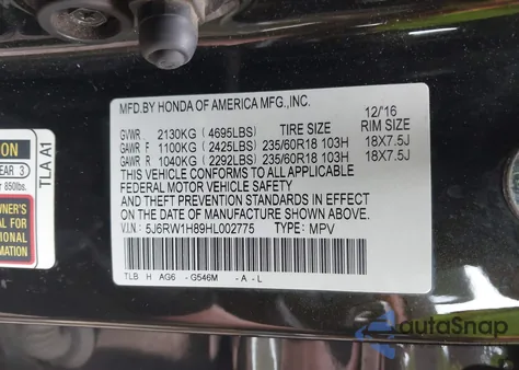 2017 Honda Cr-V Ex-L/Ex-L Navi from USA, damaged, VIN 5J6RW1H89HL002775